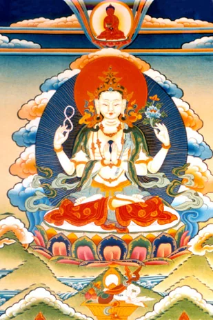 Tanka de Chenrezy, el Buda de la Compasión, con cuatro brazos y sentado sobre un loto